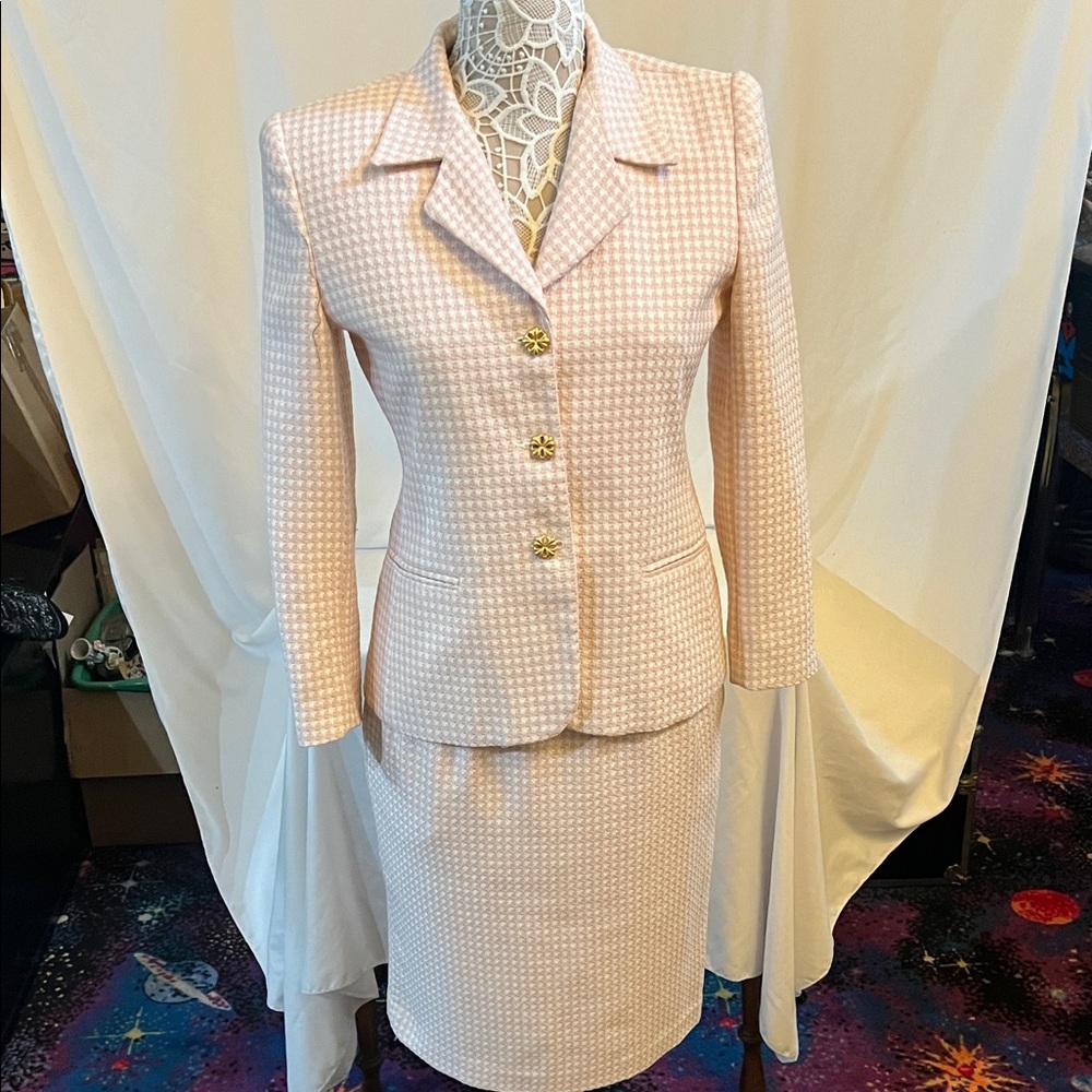 Vintage Elegant Pink Houndstooth Midi Skirt Suit